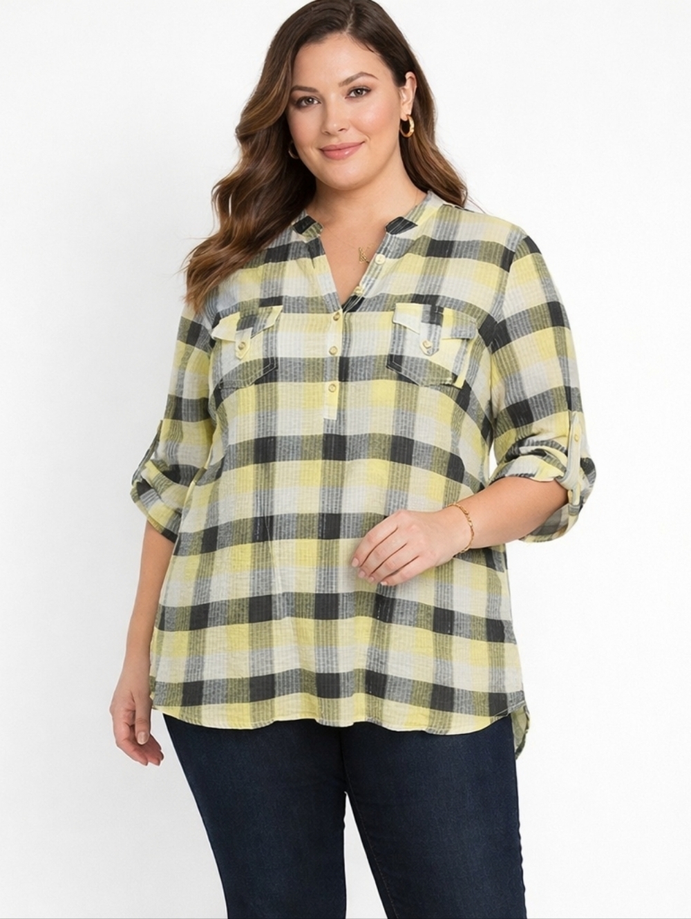Cato Black and Yellow Casual Button Down Shirt, Size22/24
